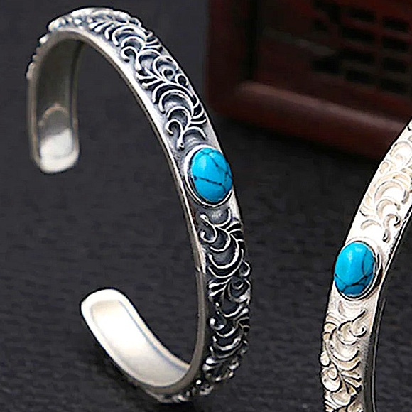 Sterling Silver Turquoise Engraved Bangle Cuff Vintage Bracelet - Picture 5 of 9